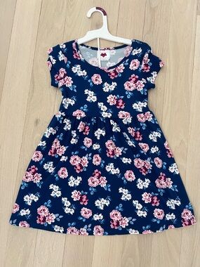 Girls Navy Floral Short Sleeve A-Line Dress